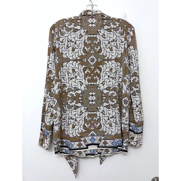 Tory Burch Wheat Nocturne Print Silk Blouse Top Floral Taupe White Bow Tie 4 - Picture 9 of 16